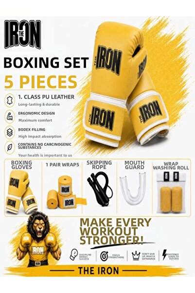 THE IRON طقم ملاكمة مكون من 5 قطع - قفازات ملاكمة + ضمادة بطول 3.5 متر + حبل ...