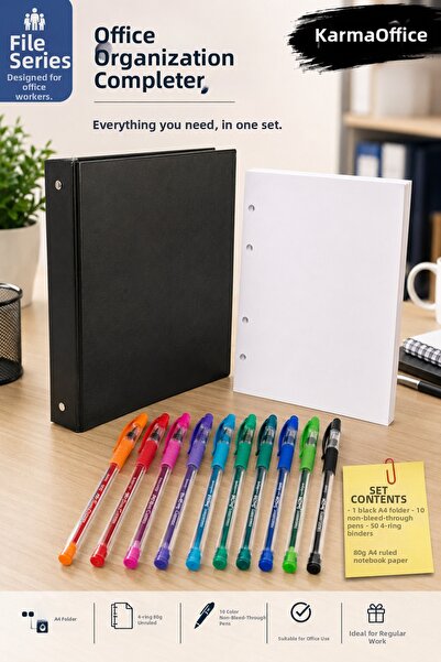 KarmaOfis A4 4-Ring Black Folder Set – 10 Color Ballpoint Pens and 50 Sheets ...