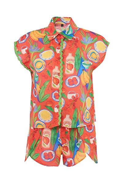 Trendyol Collection Set cămașă și fustă de plajă din bumbac 100% cu model tro...