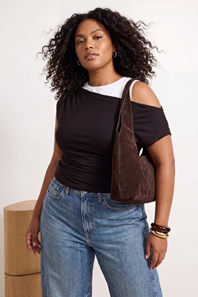 Trendyol Curve Brown Double Layer Sheer Asymmetric Collar Knitted Plus Size B...