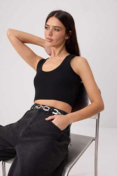 Trendyol Collection Black Fitted/Bodycon Pool Neck Sleeveless Super Crop Ribb...