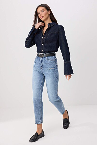 Trendyol Collection Blue Ripped Detailed High Waist Mom Jeans Twoss26Je00361