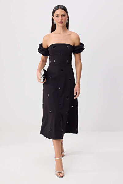 Trendyol Collection Negru Carmen Guler Stone Print Detaliat țesut Midi Rochie...