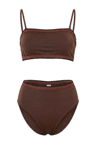 Trendyol Collection Set bikini maro, fără bretele, cu broderie, talie înaltă,...