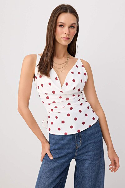 Trendyol Collection Ecru Polka Dot Fitted/Bodycon Knitted Blouse with Rope St...