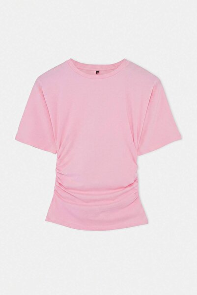 Trendyol Collection Tricou tricotat elastic din bumbac, roz deschis, cu gât c...