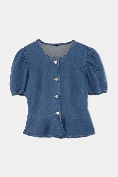 Trendyol Collection Bluză din denim peplum cu mâneci balon albastre și detali...