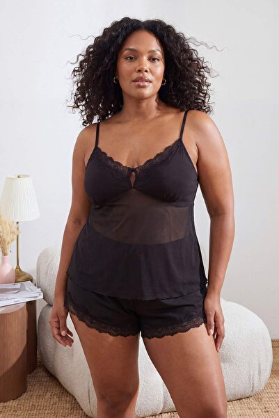 Trendyol Curve Black Lace Robe Plus Size Pajama Set Tbbss26Ai00112