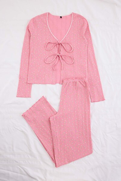 Trendyol Collection Pink 100% Cotton Lace Flower Patterned Ribbed/Pointel Kni...