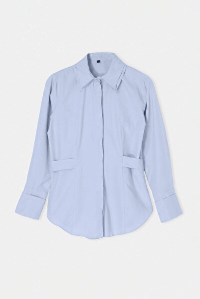 Trendyol Modest Light Blue Cotton Shirt with Tie Detail Tctaw27Tg00003