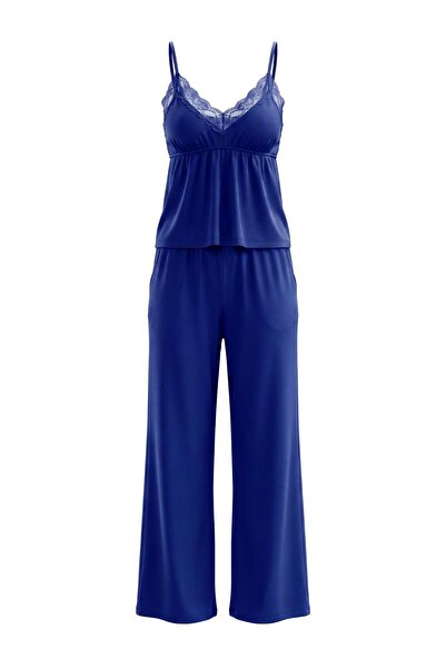 Trendyol Collection Navy Blue Cotton Lace Detailed Pocketed Pointel Knitted P...