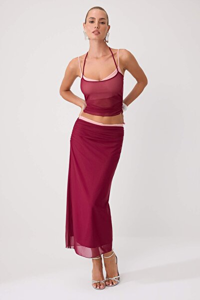 Trendyol Collection Pink Plain Degaje Collar Sleeveless Woven Satin Party Bot...