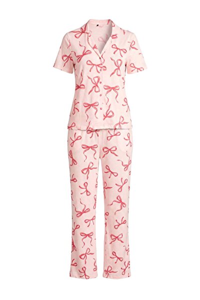 Trendyol Collection Set de pijamale cu panglică, 100% bumbac, pudră THMAW27PT...