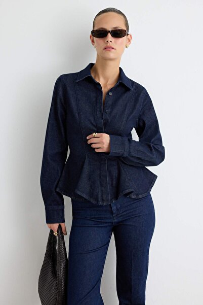 Trendyol Collection Dark Blue Slightly Stretchy Peplum Fitted Denim Shirt Two...