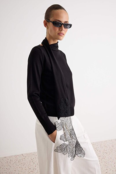 Trendyol Collection Black Tie-Up Shawl and Lace Detailed Knitwear Sweater Two...