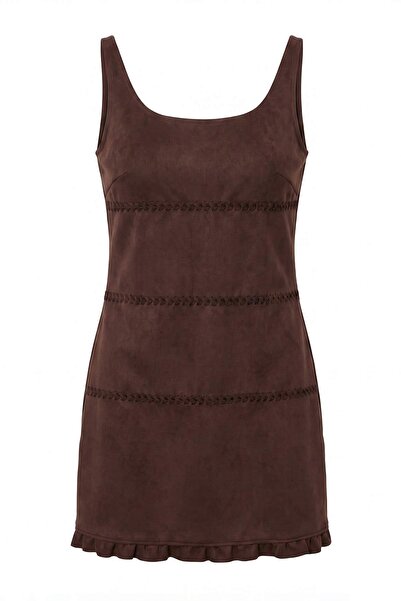 Trendyol Collection Brown Suede Stitching Detailed Bodycon/Bodycon Pool Neck ...