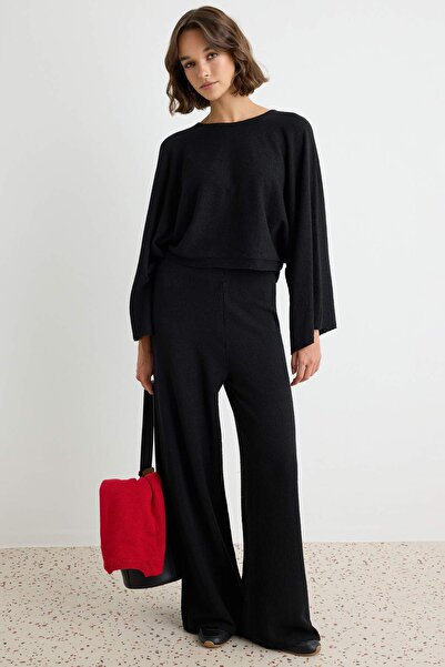 Trendyol Collection Black Crew Neck Bat Sleeve Oversize Knitwear Bottom - Top...