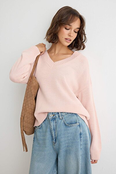 Trendyol Collection Powder Basic Soft Textured V-Neck Knitwear Sweater Twoaw2...