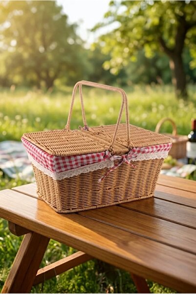 CEZVE HOME Rattan Sentetik Hasır Dikdörtgen Kapaklı Piknik Sepeti