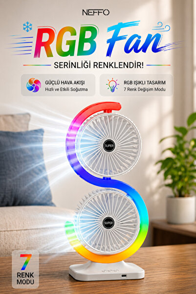 NEFFO RGB Fan Fırçasız Motorlu Masaüstü Vantilatör |USB-C Şarjlı, 3 Kademeli,...