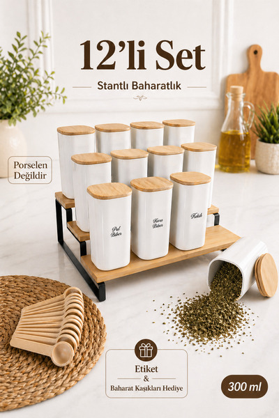 12 x 300ml Bamboo Stand Vacuum Wooden Lid Porcelain Look Acrylic Spice Spoon Label