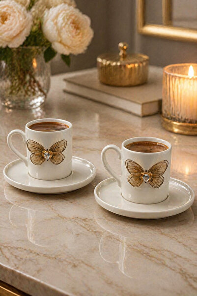 YzHome 2 Kişilik Beyaz Porselen Figürlü Lüks Kahve Fincan Takımı Seti 100ml