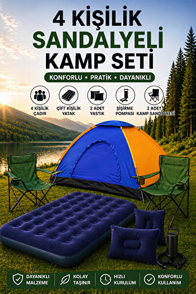 Onetick 4 Kişilik Lüks Kamp Seti Çadır 2 Sandalye Yatak ve Yastık