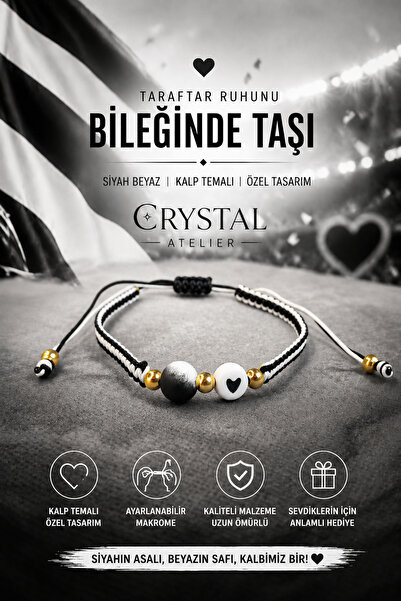 Crystal Atelier Siyah Beyaz Kalpli Makrome Taraftar Bilekliği Ayarlanabilir M...
