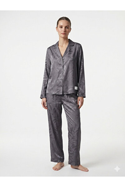 Generic Dark Gray Jacquard Satin Pajama Set for Women - Long Sleeve Leaf Patt...