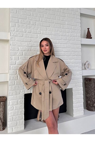 VESS MODA Γυναικεία κοντή καμπαρντίνα με λεπτομέρεια ζώνης, μπεζ