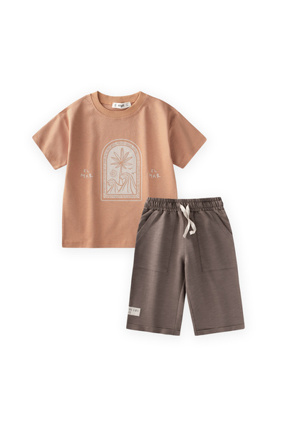 Cigit Abstract Palm Tree Printed Capri Set 2-8 Years Camel