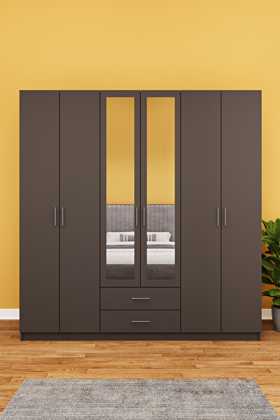 asratrend Lüks 6 Kapaklı Çekmeceli Gardırop %100 MDF Askılı Aynalı Düzenleyic...