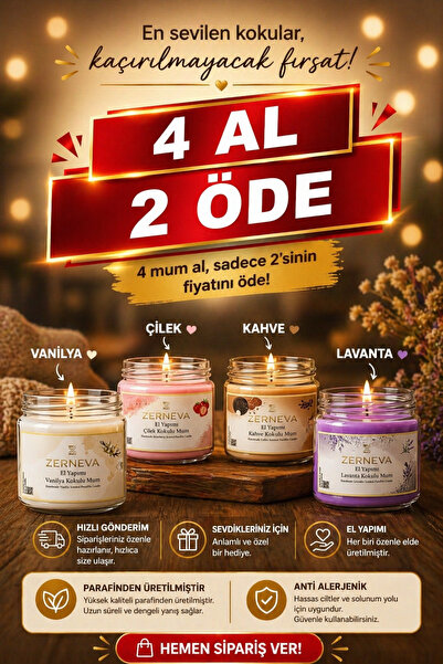 ZERNEVA 4'LÜ KOKULU MUM SETİ - AVANTAJLI PAKET (VANİLYA-ÇİLEK-KAHVE-LAVANTA)