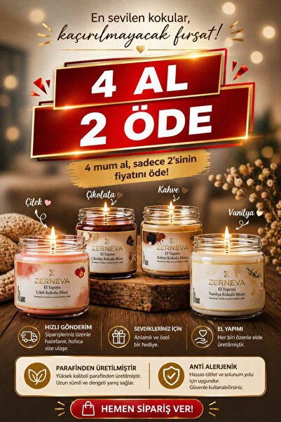 ZERNEVA 4'LÜ KOKULU MUM SETİ - AVANTAJLI PAKET (ÇİLEK-ÇİKOLATA-KAHVE-VANİLYA)