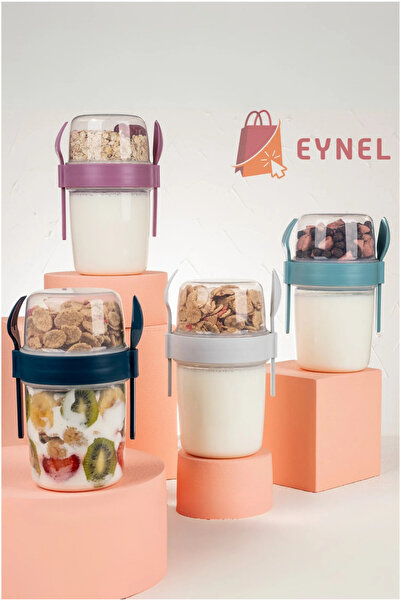 Eynel 4lü Set 1100 ml Take-go Kaşıklı Hazneli Meyveli Yoğurt Kabı Piknik Atış...