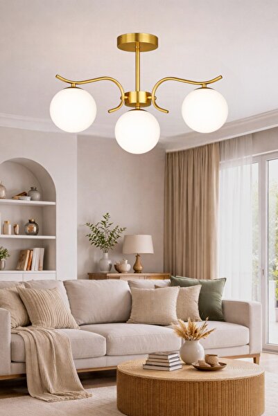 ESSLİGHT Alara 3’lü eskitme Beyaz Glop Camlı Modern Salon Mutfak Yatak Odası ...