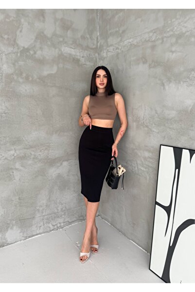 ceymoda Kadın Arka Yırtmaçlı Midi Boy Kalem Etek