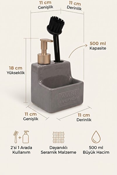 MAKRİ HOME 500 ml Gray Ceramic Liquid Soap Dispenser Detergent Dispenser Brus...