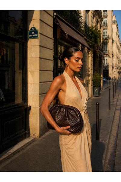 MEC BAG&CO Örgü Desen Kahverengi Clutch Çanta