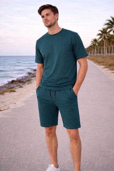 zeyra Men's Cotton Crew Neck Pants with Pockets Petrol Blue Shorts T-Shirt Set/ High Quality