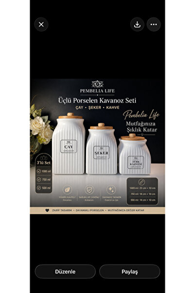 Pembelia Life 3 Boy Bambu Vakumlu Porselen Çay Şeker Kahve Kavanozu 3'lu Saklama Takımı 1000ml,750ml,500ml