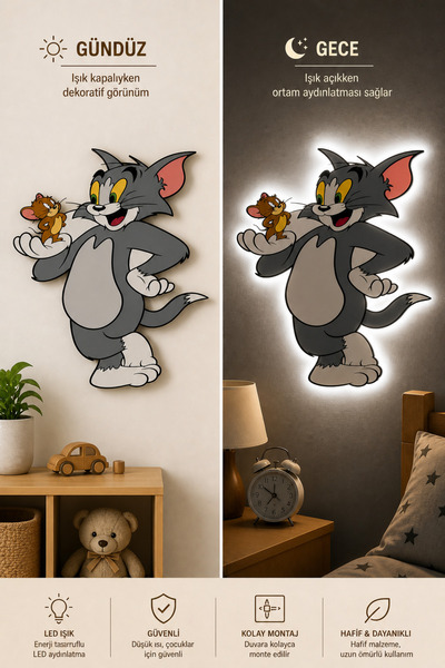 Design 4N Çocuk Odası Tom Ve Jerry Işıklı Duvar Süsü