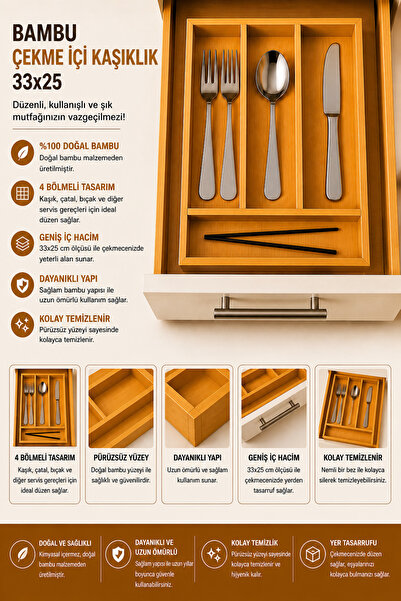 House Bird Bambu Çekme İçi Kaşıklık 33x25 - Bölmeli Düzenleyici Organizer