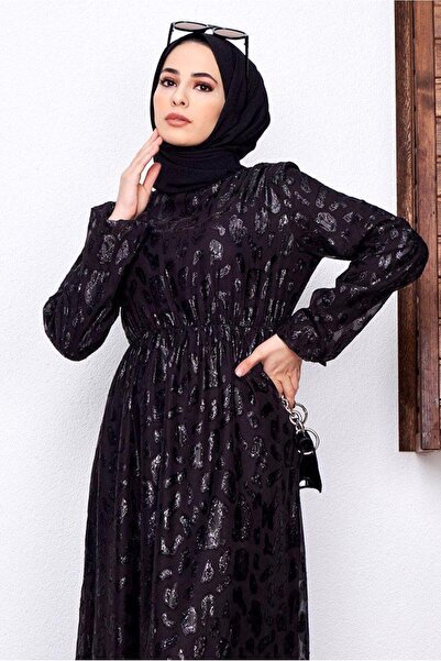 TRENDTESETTÜR KADIN SİYAH DESENLİ SİMLİ ELBİSE 6601