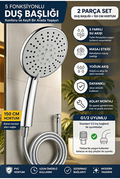 Plodna House 5 Fonksiyonlu Büyük Boy Duş Başlığı & Pvc Süper sağlam 150 cm Ho...