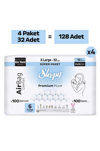 Sleepy بيو ناتشورال بريميوم بلس حفاضات أطفال بوسادة هوائية فائقة الراحة مقاس 6 إكس لارج 128 قطعة