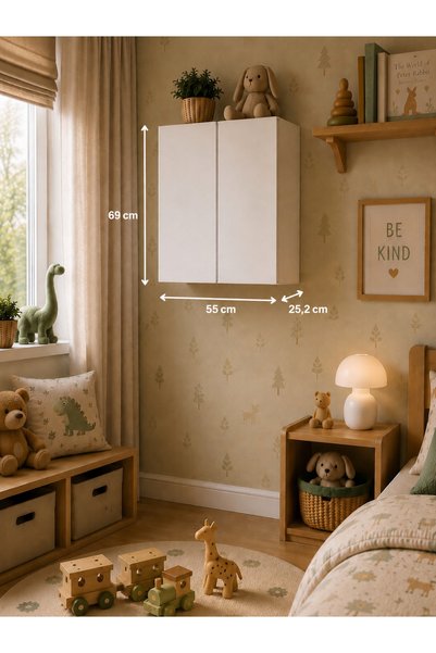DUYAMO 3 Raflı Çok Amaçlı Oyuncak Dolabı Mat Beyaz MDF Lam 69x55x25 cm Yavaşlatıcılı Kapaklı