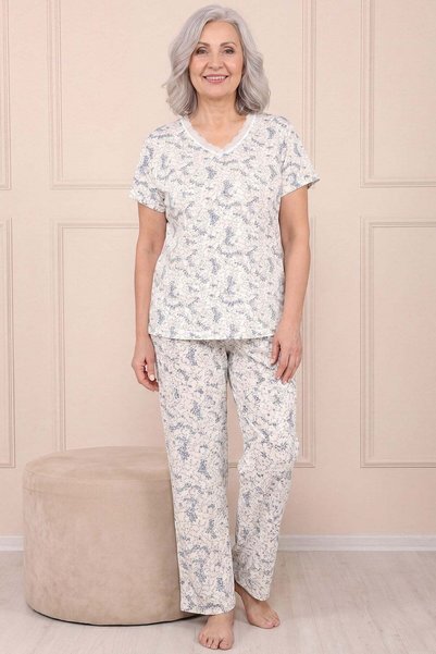 Niket Life Women's Patterned Lace Collared Short Sleeve Long Combed Cotton Mother Pajama Set
