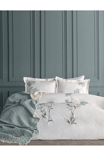 Dantela Lavinya Embroidered Cotton Satin Duvet Cover & Bedspread Set - Mint