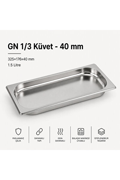 Natsan Paslanmaz Çelik Gastronom/gastronorm Küvet Gn 1/3-40 (32,5 X 17,6 X 4 CM)
